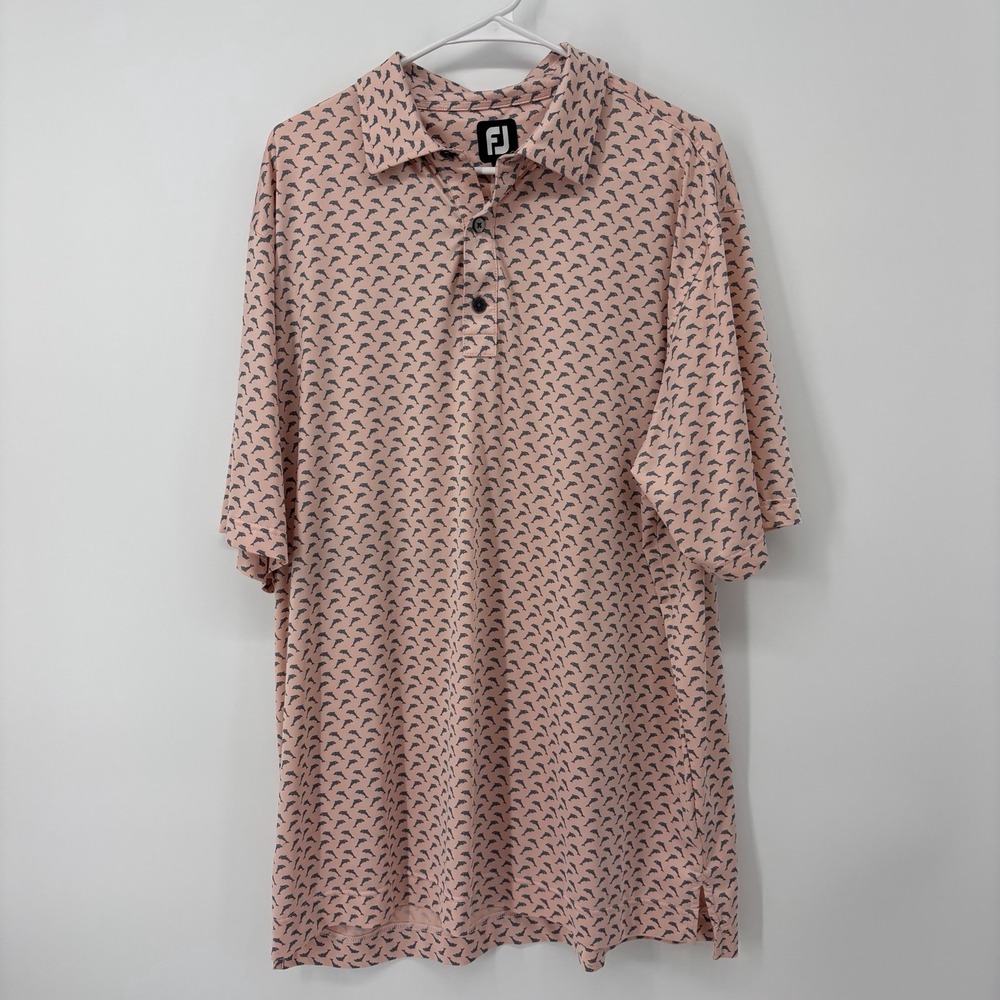 Footjoy Mens XL Dolphin Print Pattern Golf Polo Shirt Pink Lightweight Stretch